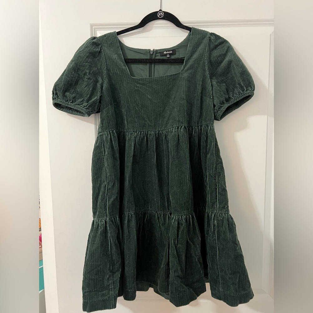 Madewell Green Corduroy Puff-Sleeve Dress